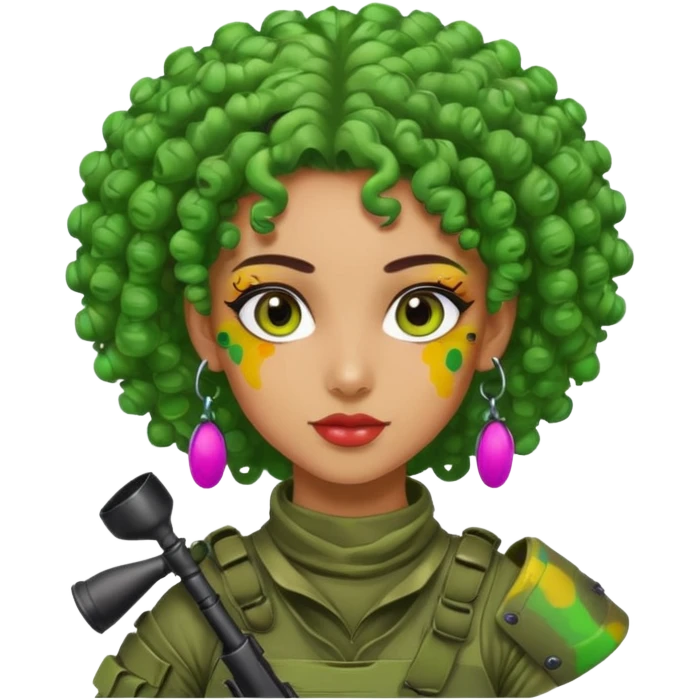 green curly haired painitball player with big earrings guy shot with colors emoji