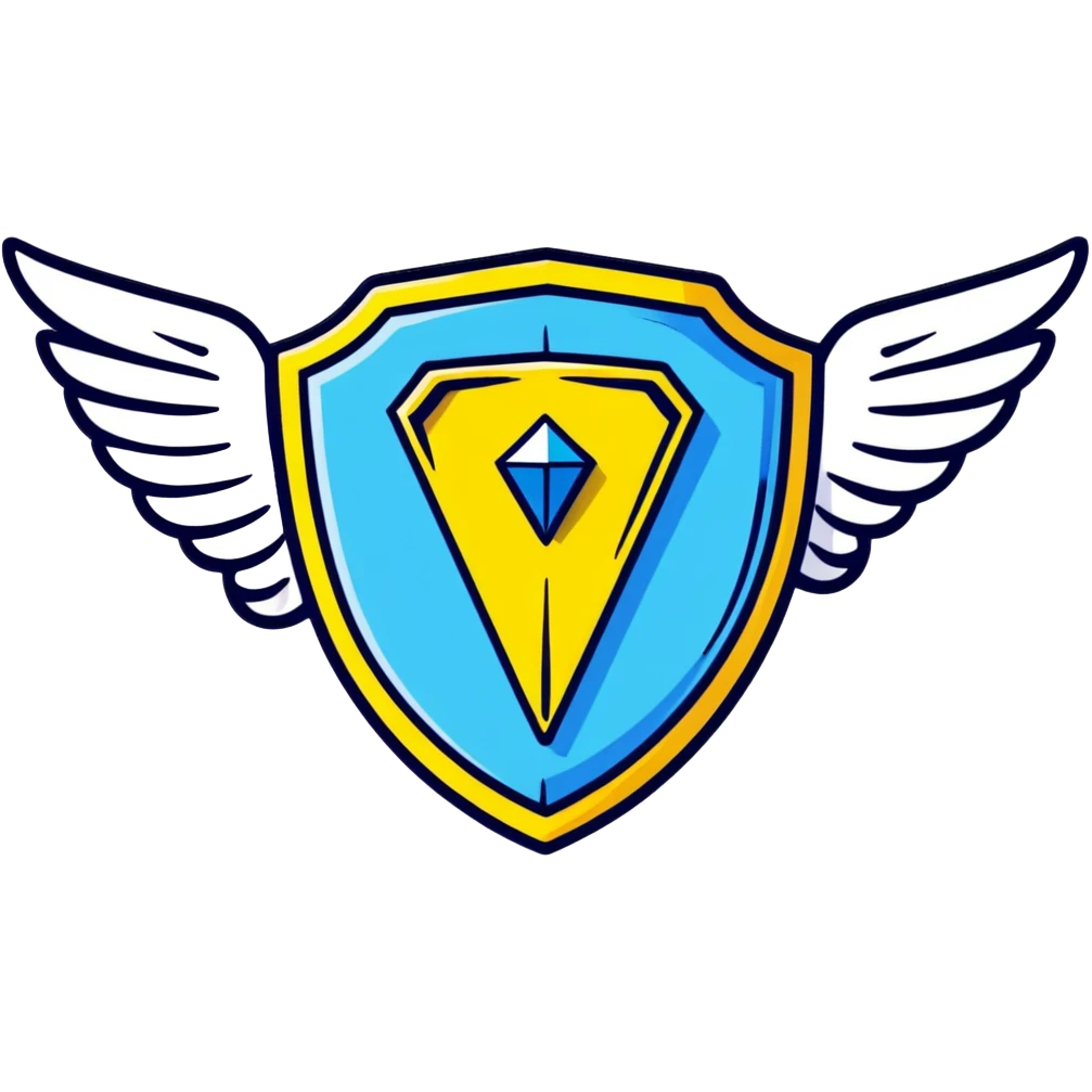 Premium shield badge with angel wings and a big shiny blue diamond in the center with VIP text emoji