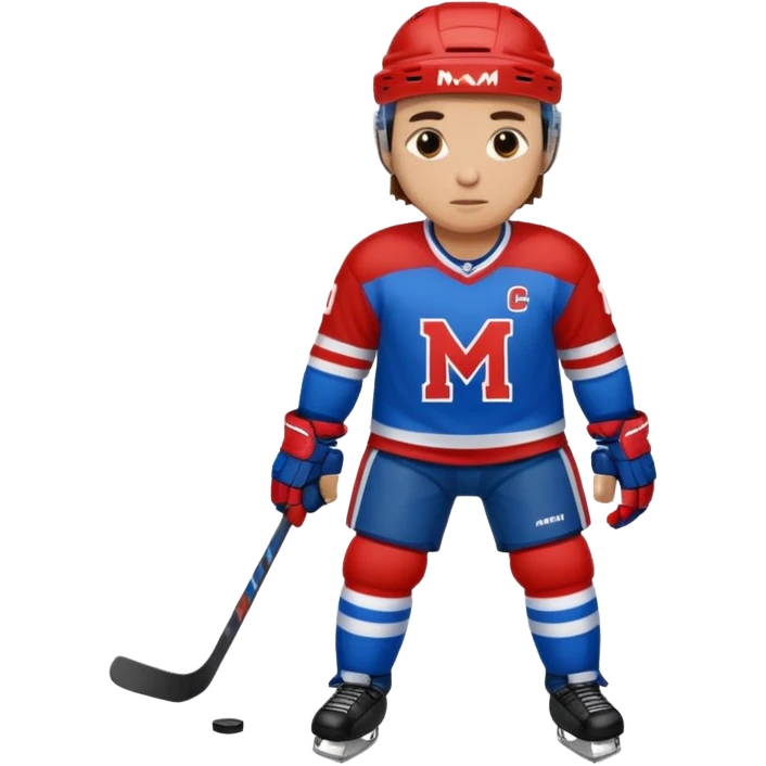 Hockey player in blue and red full body M on jersey emoji
