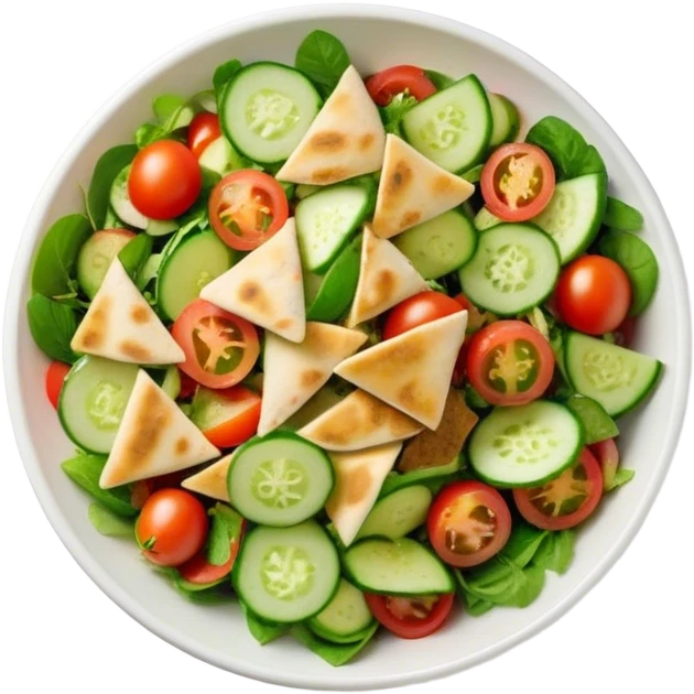 Cinematic Realistic Fattoush Salad Dish Emoji, depicted as a colorful medley of greens, tomatoes, cucumbers, and crispy pita rendered with vibrant textures and refreshing lighting. emoji