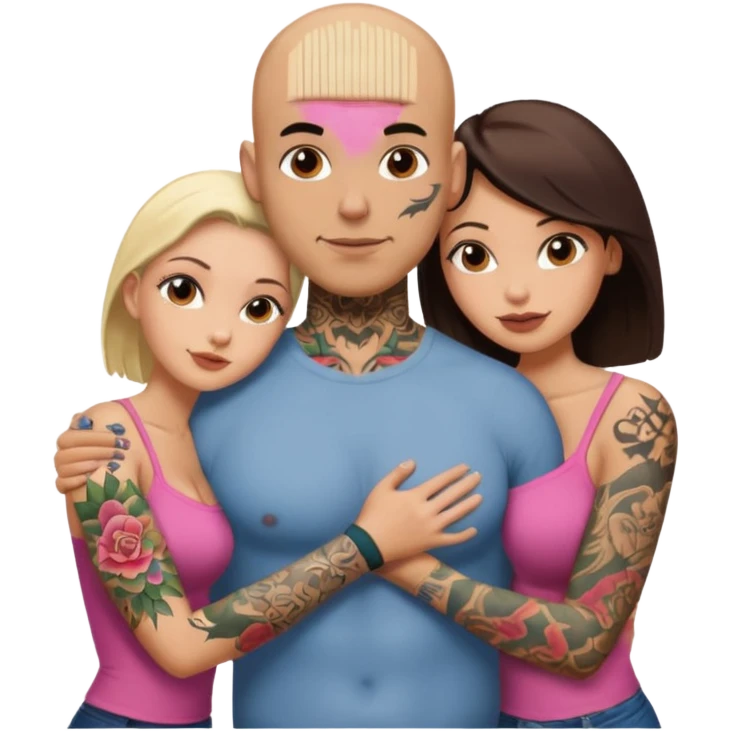 throuple tattooed sleeves bbald male with topless naked big boobed brunette and topless naked big boobed blonde girlfriends  loving  and sexy polygamy naughty  emoji