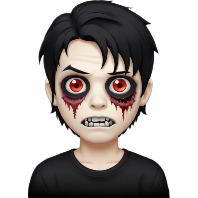 a boy with wavy hair, a zombie-shaped mouth piercing hum, and black hair with a black shirt too, and medium-length, wavy black hair, almost shoulder-length, with a lip piercing. with white skin emoji