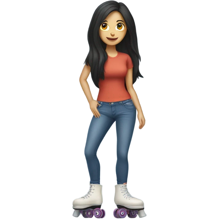 A Caucasian woman with black hair wearing jeans on roller skates cooking pancakes emoji