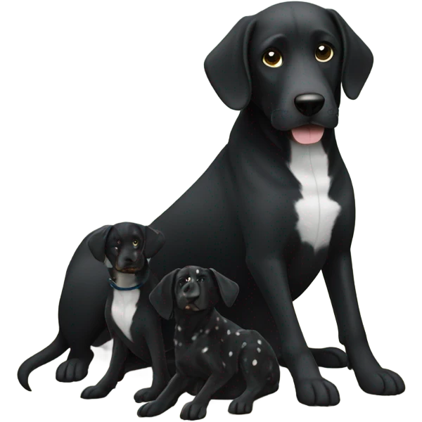 Black dog with white spotty legs  sitting next to another bigger black dog with white legs emoji