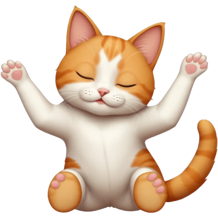 ginger and white small cat eyes closed lying down upside down with paws stretched out straight in different directions emoji