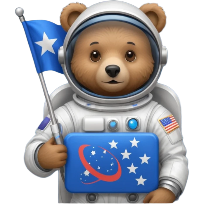 Brown bear in space suit, holding blue rectangle flag emoji
