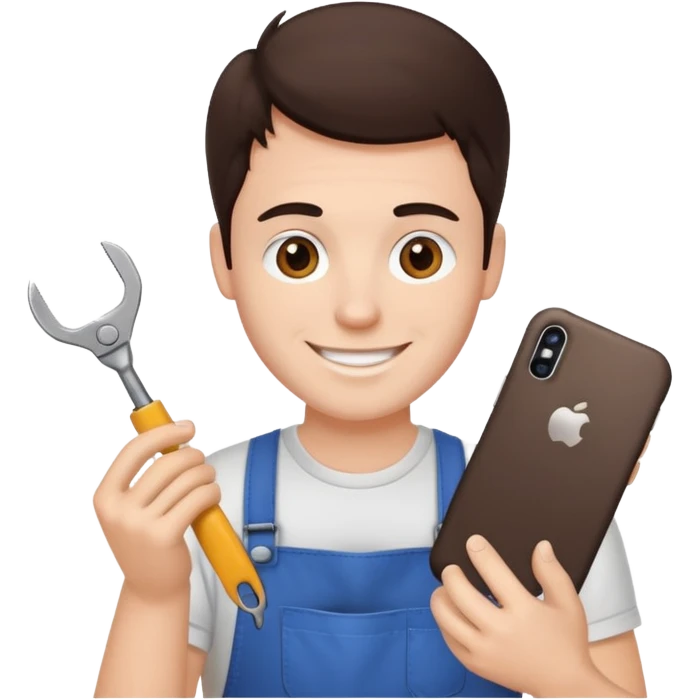 make a white guy with dark brown hair repairing an iphone happy emoji