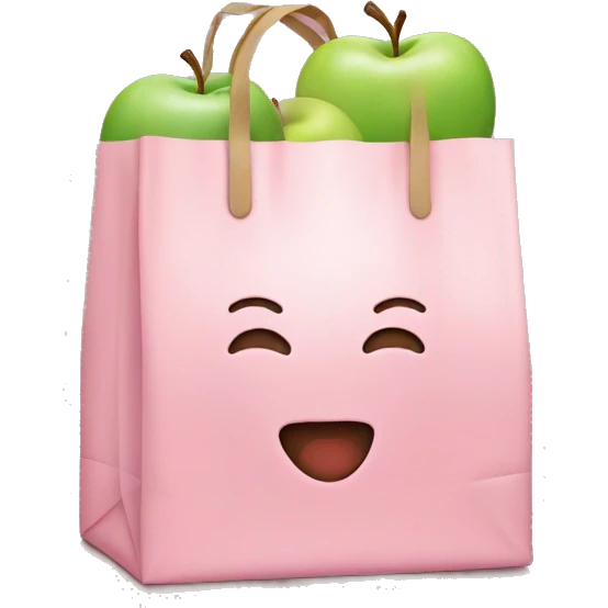 An emoji of a grocery bag in pastel pink with the Apple logo emoji