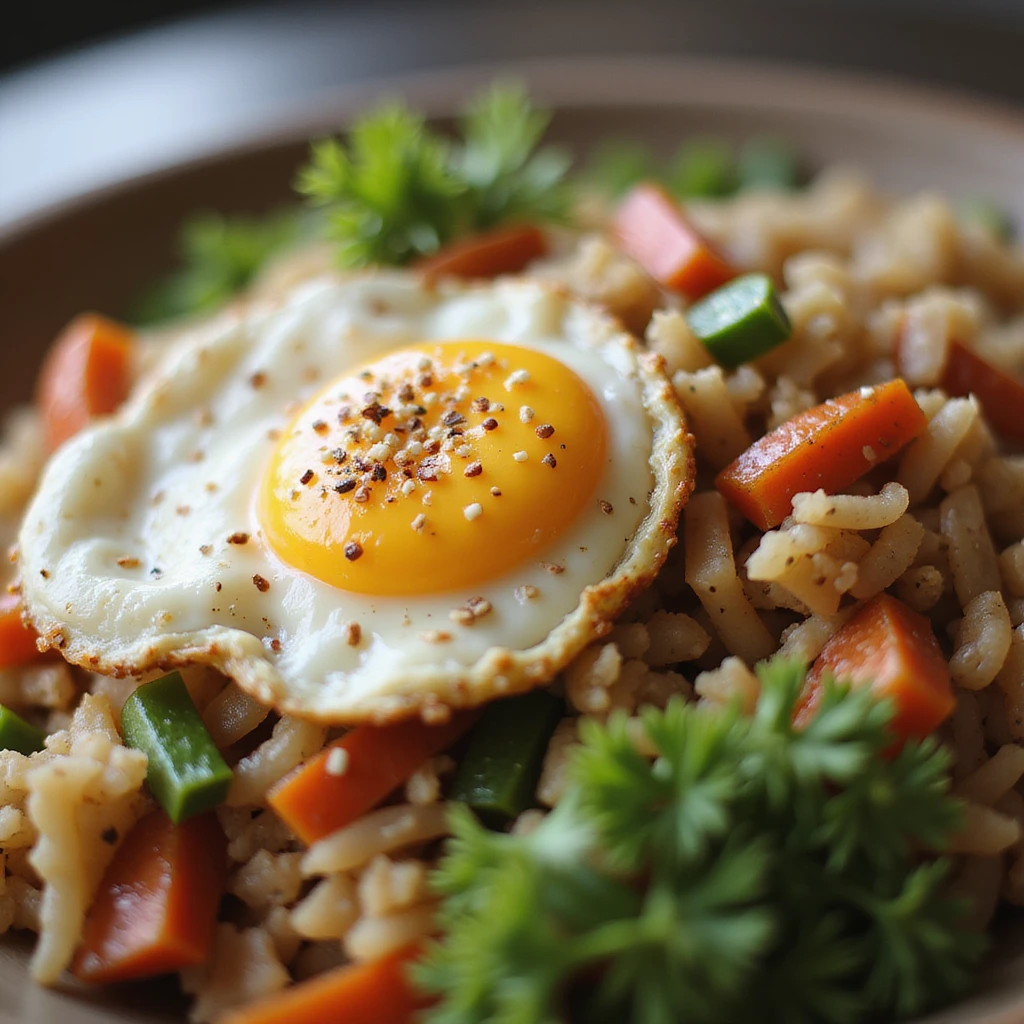 fried rice, close-up, with vegetables and egg, realistic style emoji