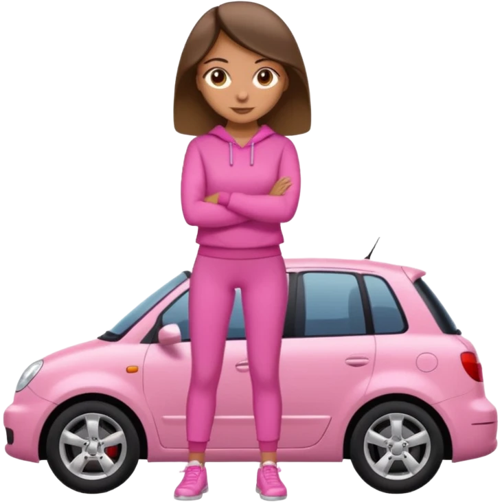 Create me a emoji girl with brown eyes in a pink outfit leaning on a car full body emoji