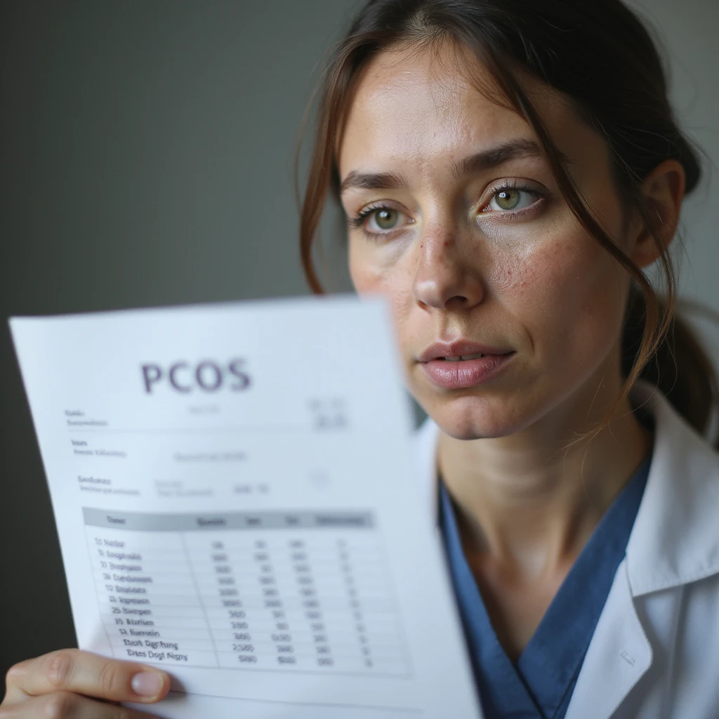 hyperrealistic 4K detailed image of a woman with PCOS, face with acne and chin hair, thin hair, looking at a lab sheet with zinc, iron and biotin values out of range, names clearly readable and values highlighted, clinical environment emoji