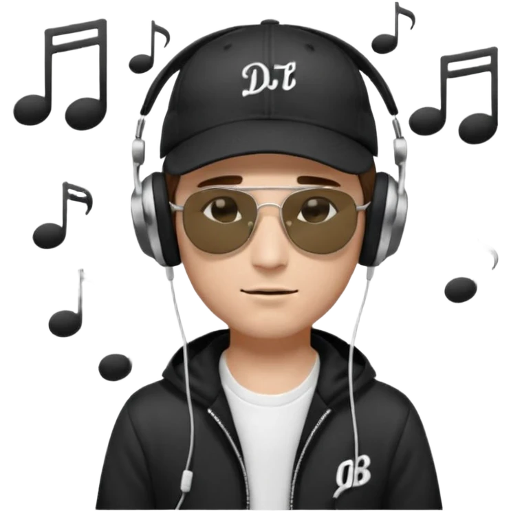 dj man white with baseball cap - rayban Sun Glasses 80s - brown hair - closed eyes with headphones on with musical note over head (listening to music ) - eyes closed no glasses - black hat  musical notes floating around head - DJ DLG written on hat emoji