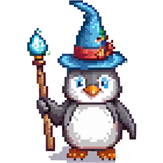 A penguin dressed as a wizard, wearing a pointed hat and holding a magic wand emoji