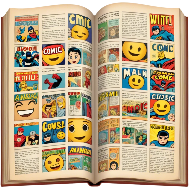 detailed and vintage-inspired emoji representing comic magazines and graphic novels as a storytelling art form. a large, open comic magazine with pages filled with classic American comic book panels. classic feel of old-school comic books a graphic novel. background transparent. No smiles! emoji
