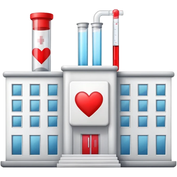 Modern clinic building red cross test tubes heart icon emoji