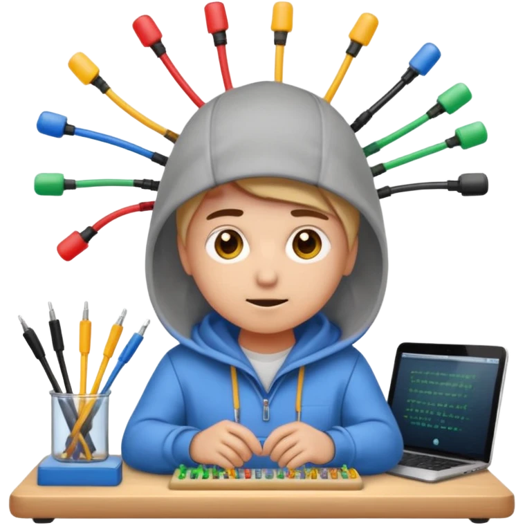 An emoji of an engineer working on a complex breadboard with many colorful wires and components. A Wi-Fi signal icon pulses above their head. They wear a hoodie and have a focused expression. Simple, cute, icon style. emoji