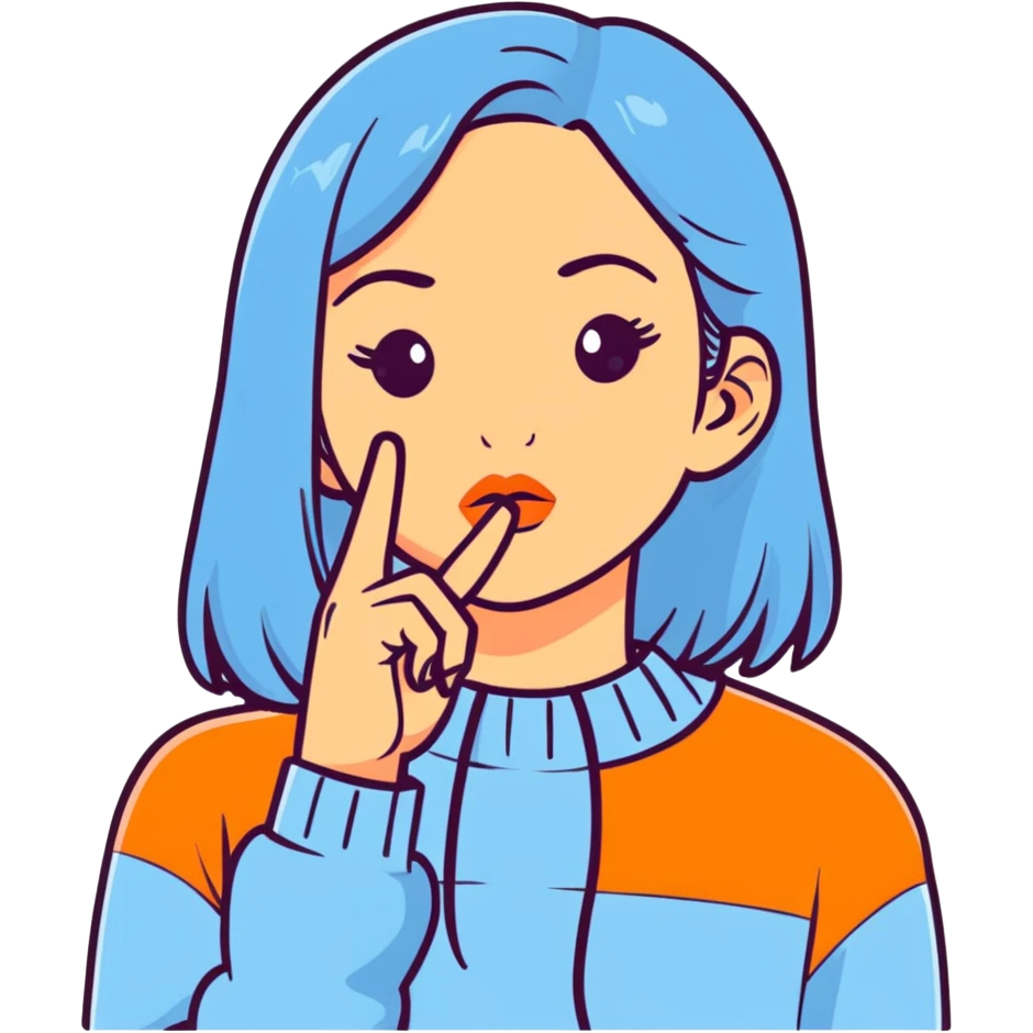 girl wearing pastel blue clothes with finger on lips making a quiet shh gesture emoji