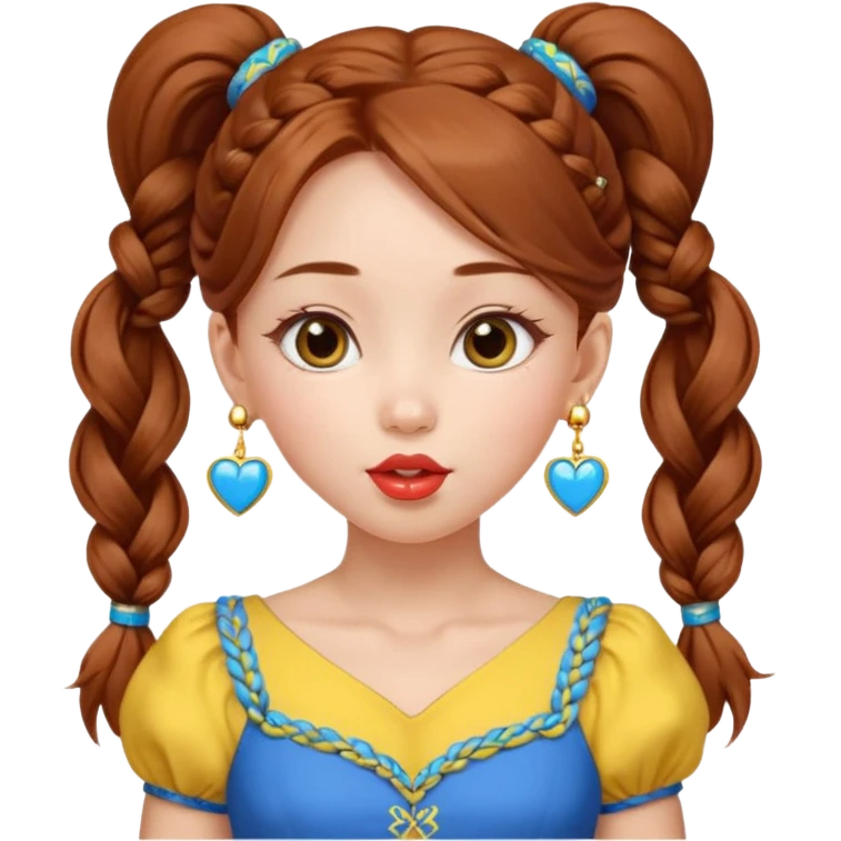 A cute ukrainian girl, looks slightly mongolian with full lips, with long auburn hair two side ponytails plaited, has heart earrings in the ukrainian yellow and blue, and is wearing her little black dress, she is blowing a kiss. emoji