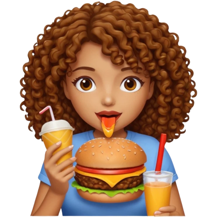 tan girl with curly brown hair drinking eating a burger emoji