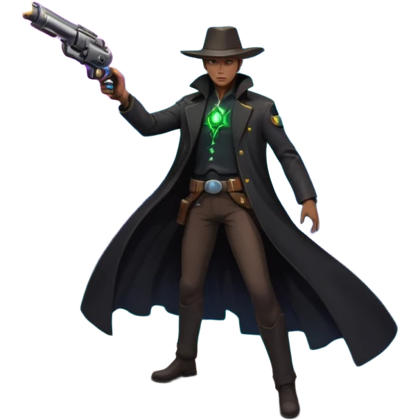 A mysterious alien gunslinger standing on a floating rock in space, cosmic nebula behind him, glowing energy revolver, long flowing coat in zero gravity, epic lighting, ultra detailed space western art
 emoji