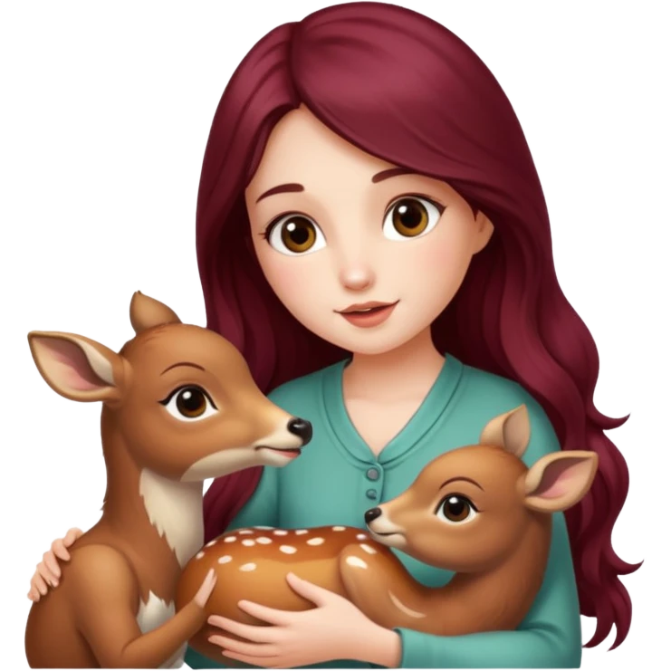 Beautiful burgundy long haired girl feeding baby deer emoji