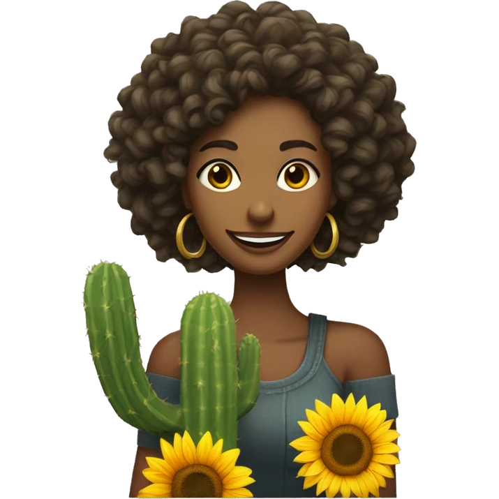 thin woman with slanted eyes hair on her shoulder curly tall slim woman smiling with a cactus and a sunflower on her side emoji