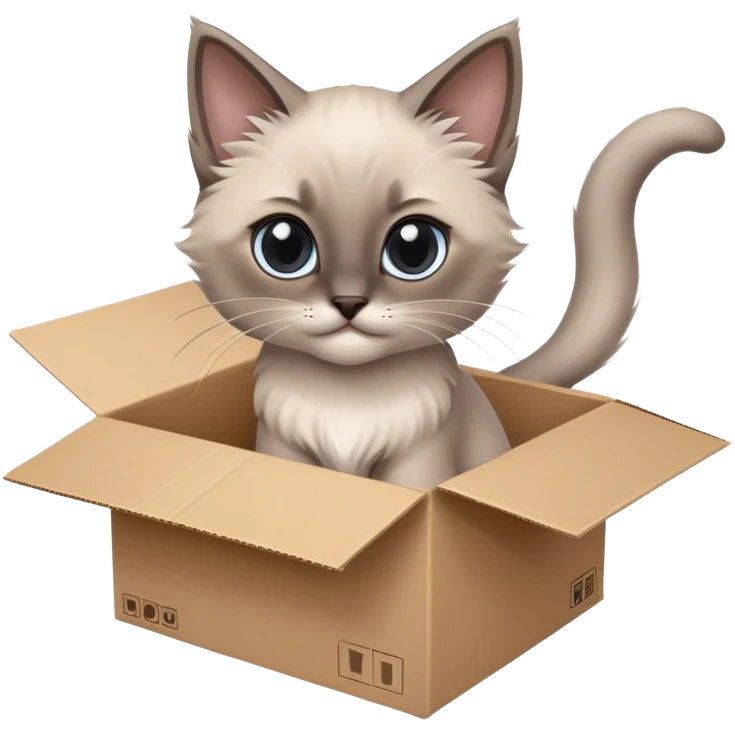  A very cute gery young kitten long hair Siamese Cat cat with one's head tilted to one side poked its paws out of the cardboard big box and placed them on top of it emoji