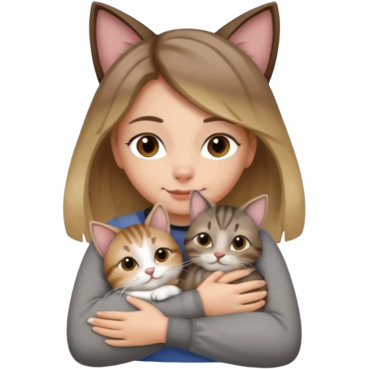 Une femme avec les cheveux dégradée, brun et blond, qui fait un câlin à son chat gris, tigré avec les extrémités que pattes pointe d’oreilles noires et le dessous du menton blanc la fille n’a pas d’oreilles, il n’y a qu’un seul chat emoji