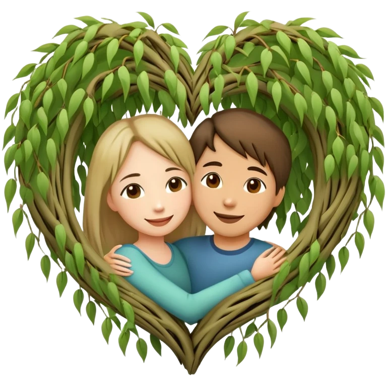 heart-shaped weeping willow tree with two people hugging inside the heart shape, with a small heart above them emoji