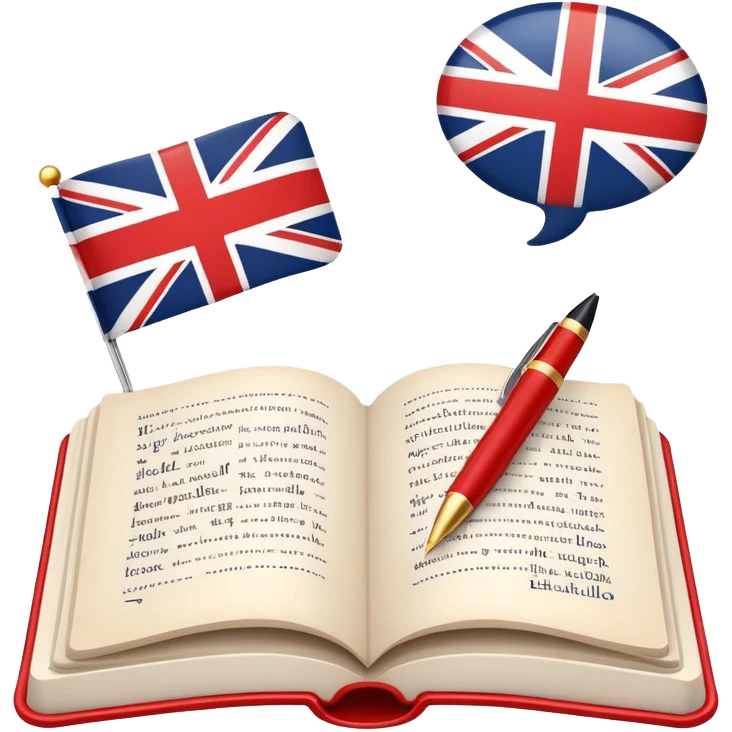 An icon featuring an open book with English words and phrases, a speech bubble with 'hello', and a British flag. The design includes a pen, alphabet letters, and grammar symbols, symbolizing the study and mastery of the English language. Transparent background. emoji