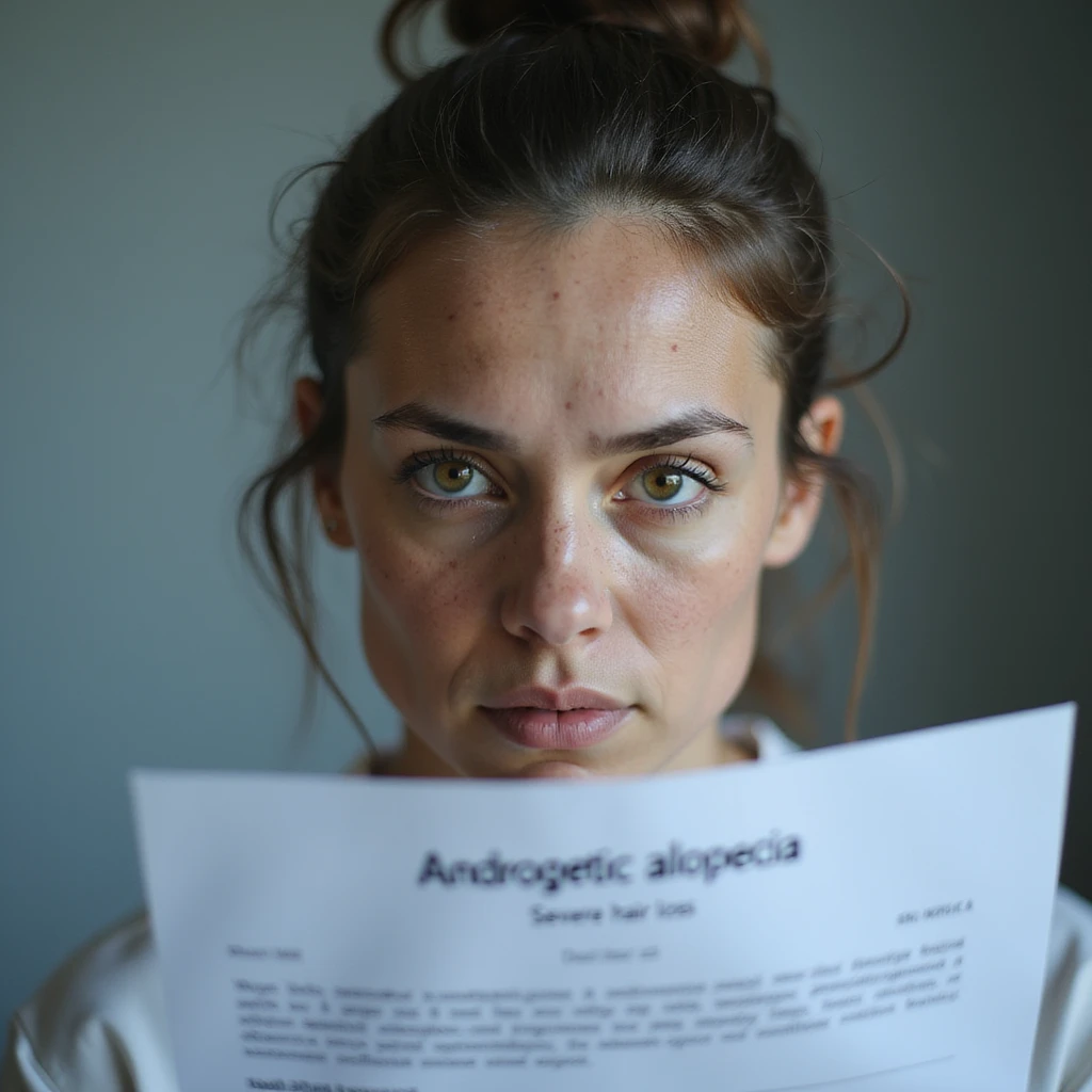 hyperrealistic 4K image of a woman with PCOS looking at a medical report with text 'Androgenetic alopecia' or 'Severe hair loss', face with acne and facial hair, thinning hair, serious expression, clinical environment emoji