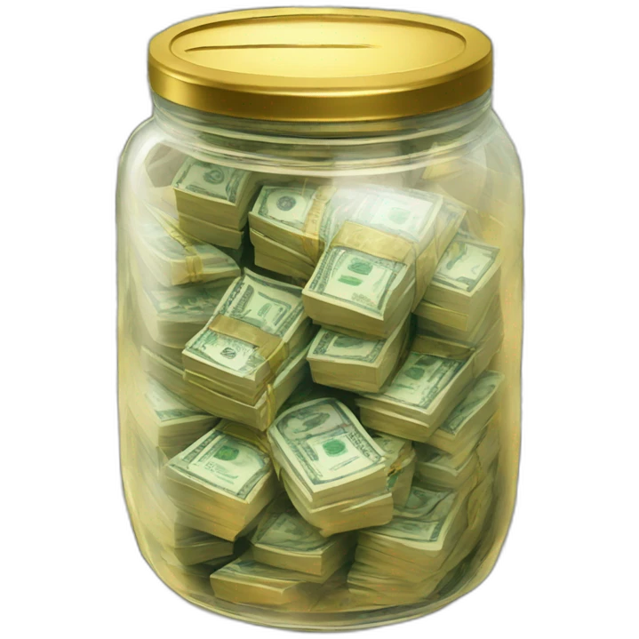 A clear jar with a metallic lid filled with stacks of cash and gold  emoji