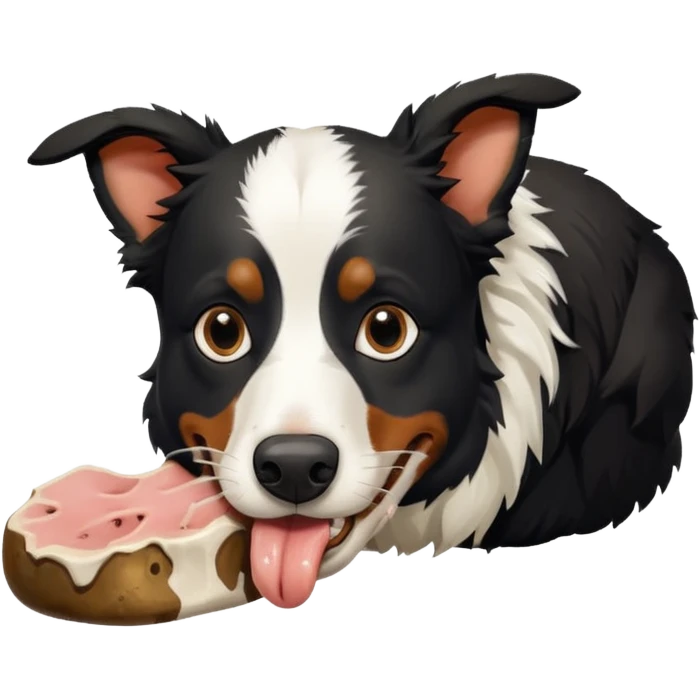 A black and white border collie is chewing on a rotten, smelly cow's hoof. emoji