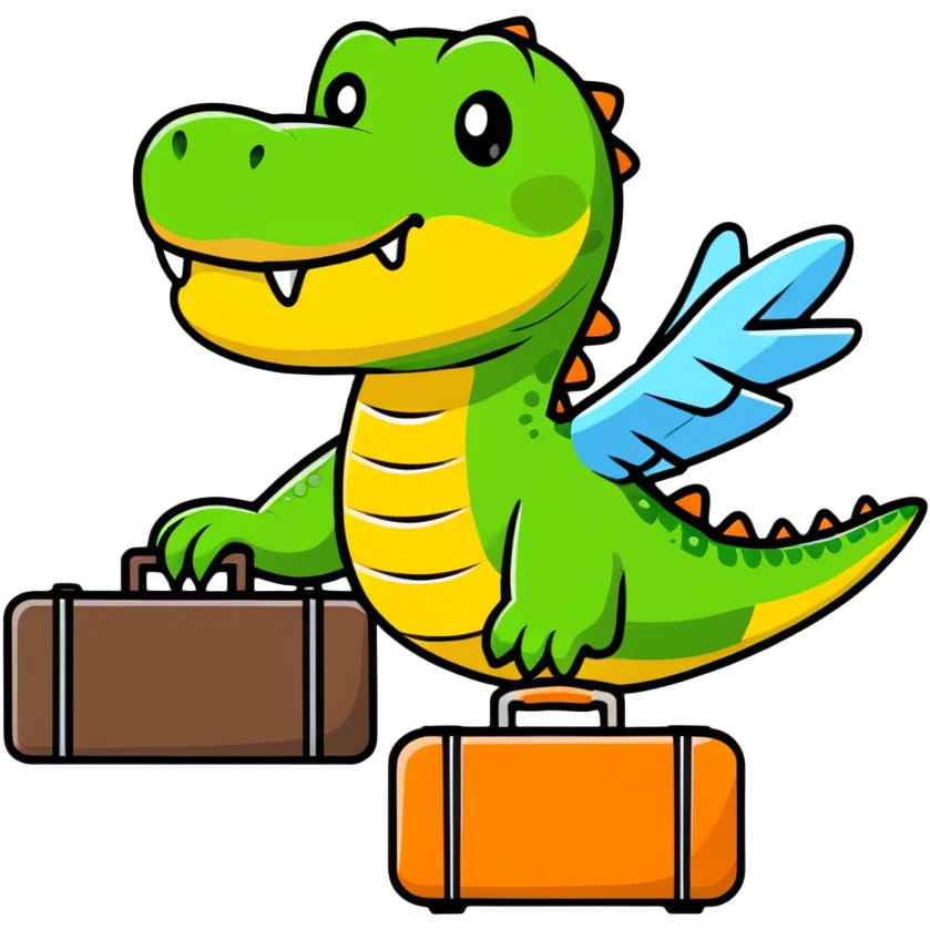Crocodile traveling with suitcase and airplane emoji