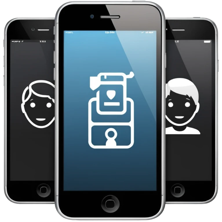 Minimalistic flat vector icon, iOS style, thin black contour on white background. Three small developer silhouettes around a smartphone with code brackets <>. Clean, no text, no shadows. emoji