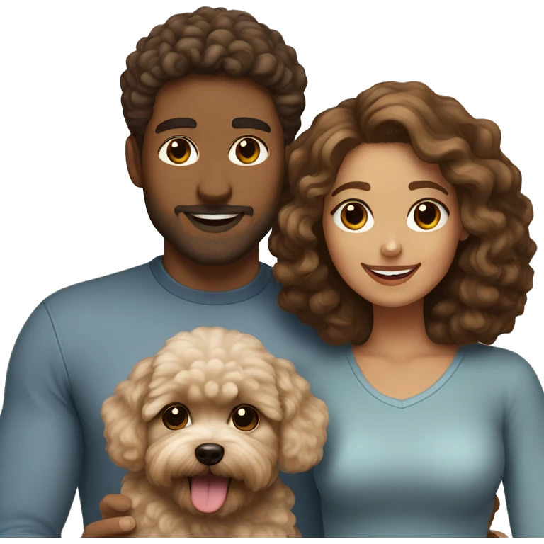 Family of a brown haired man with a curly brown hair girlfriend with a Maltipoo dog creamy colour  emoji