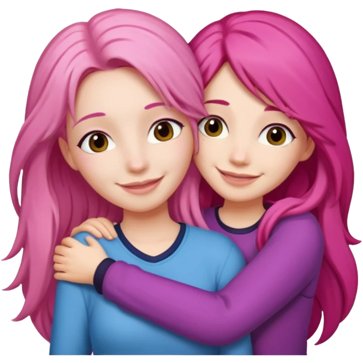 Surprisingly goofy once they open up. Strong, loyal, and incredibly supportive — but still hates wasting time. woman long pink hair hugging another woman with dark hair emoji