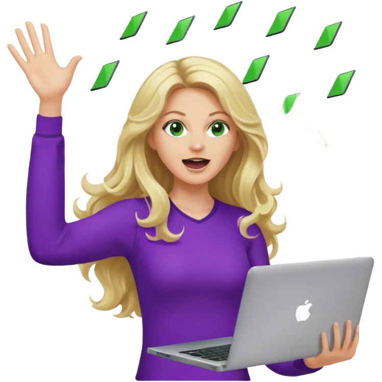 lady with long blonde wavy hair, purple top, green eyes throwing her with a laptop hands in the air screaming emoji