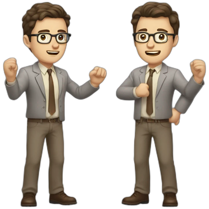 To belt Actively gesturing with hands Pale skinned fit man with dark brown hair in gray jacket, beige office shirt, brown tie, brown pants and vintage glasses. emoji