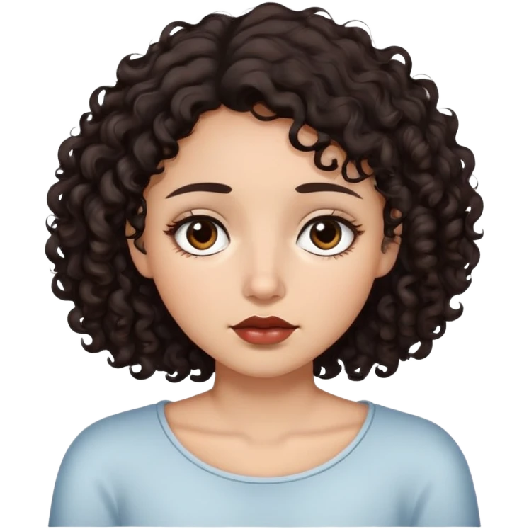 a girl with dark brown curly hair that is almost black and extends to her neck, dark brown eyes that are almost black, thin lips, sleepy eyes. emoji