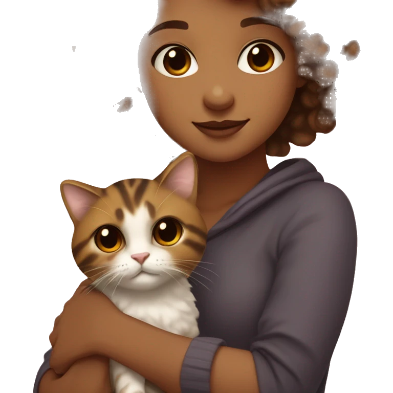 Light brown girl with short curly hair and brown eyes holding a tortoiseshell cat emoji