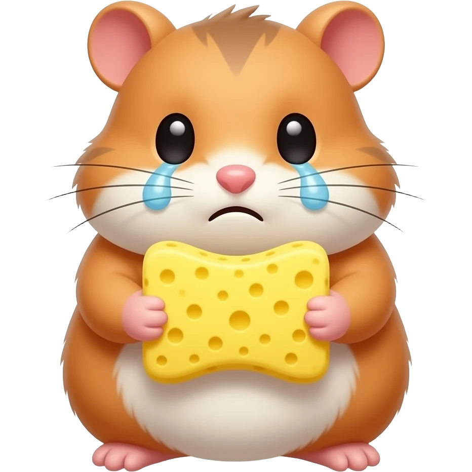 Cute chubby cartoon-style hamster holding sponge looking sad emoji