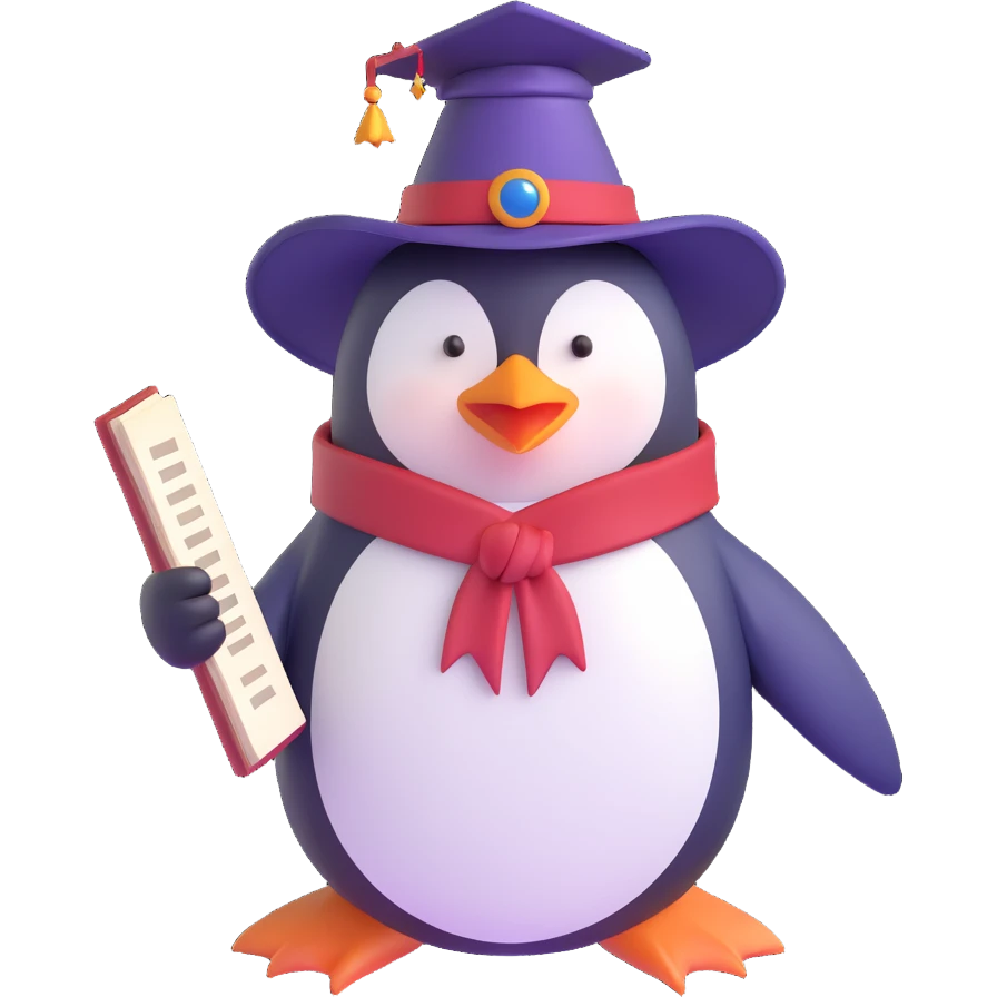 a penguin wizard wearing a pointed hat and holding a spellbook, 3D emoji style emoji
