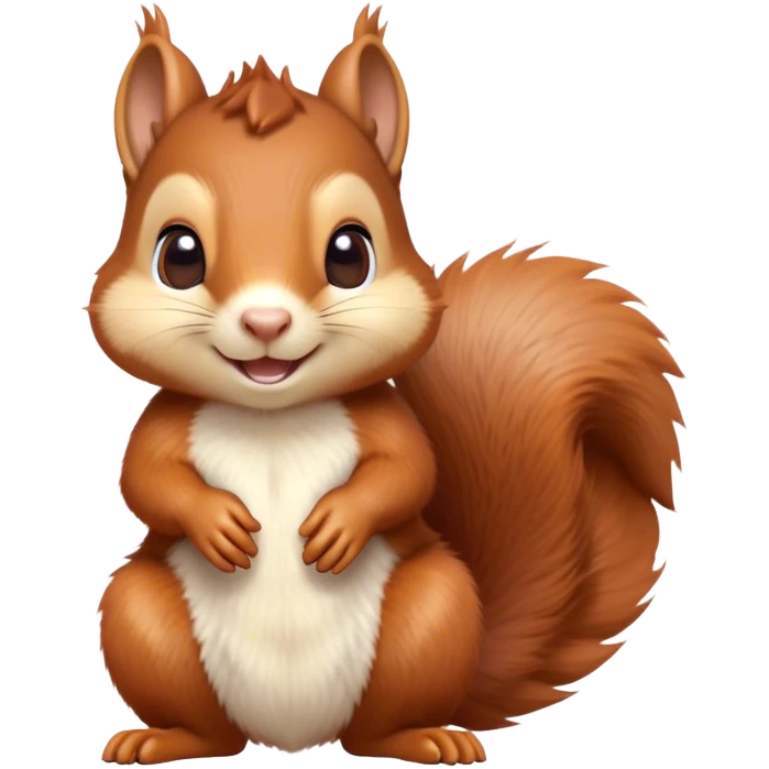 Cinematic Cute Squirrel Portrait Emoji, Head tilted playfully and inquisitively, featuring a fluffy, vibrant auburn Fur with a delicate cream belly and a bushy tail, round, sparkling eyes filled with curious mischief, Simplified yet irresistibly adorable features, highly detailed, glowing with a warm, friendly glow, high shine, affectionate and lively, stylized with a touch of woodland whimsy, bright and endearing, soft glowing outline, capturing the essence of a mischievous yet loving squirrel, so playful it feels like it could leap out of the screen and into your arms! emoji