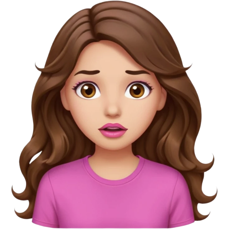 girl with long wavy brown hair, brown eyes, light to medium complexion, in a pink shirt, pink lips, long lashes, surprised emoji