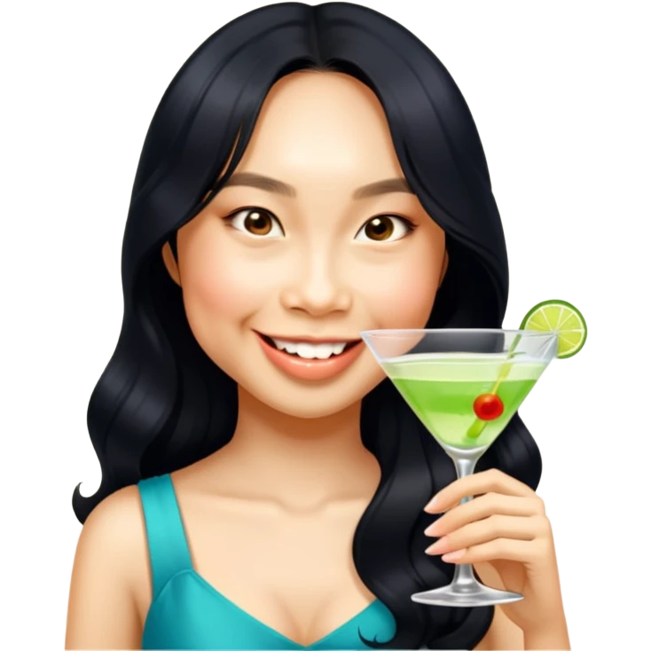 Asian girl long wavy hair holding martini emoji