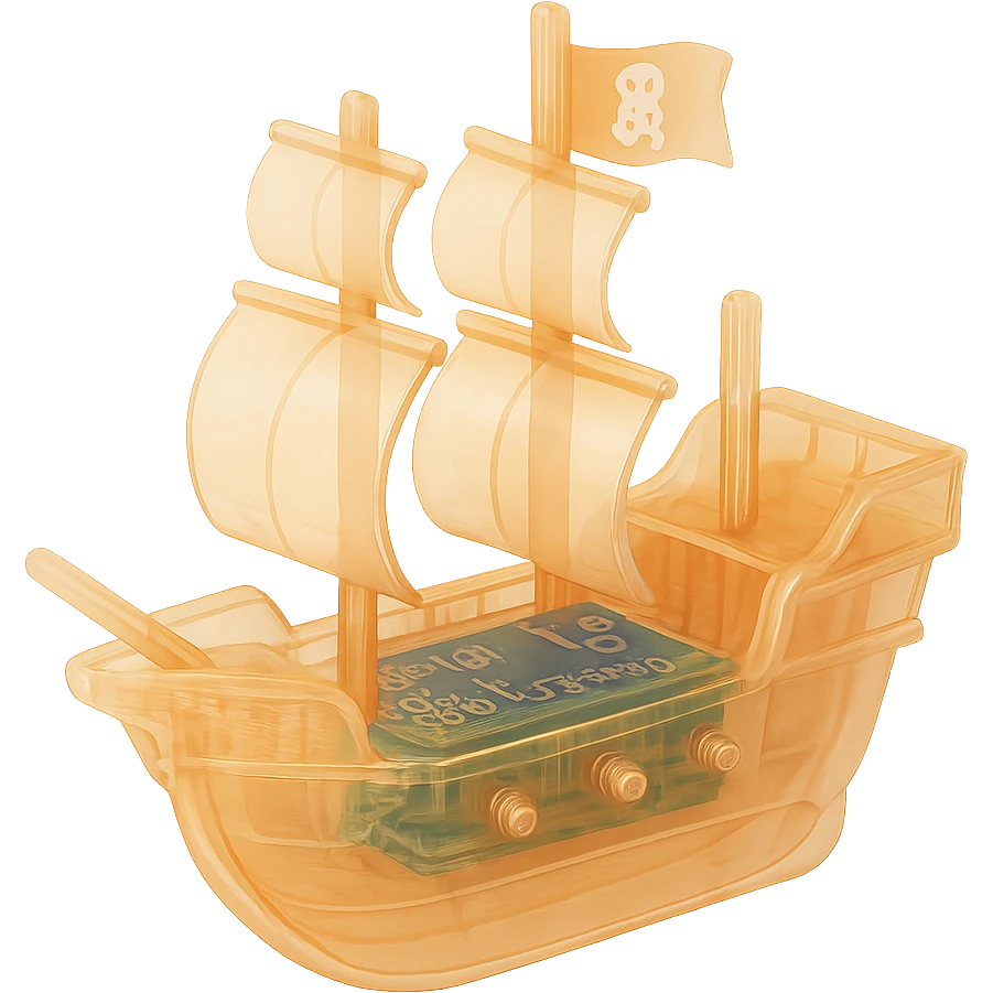 A translucent pirate ship with visible internal circuitry and mechanisms, featuring sails, cannon details, and a pirate flag emoji