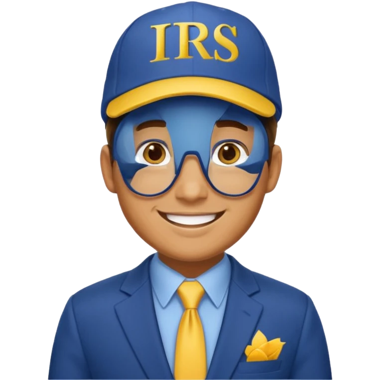 a man smiling dressed in a blue suit with a cap on that says IRS in yellow letters emoji