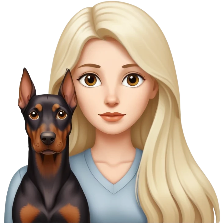 A beautiful white woman with long hair walks a Doberman emoji