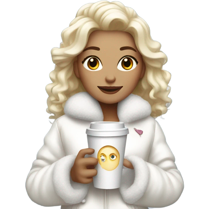 blonde girl wearing white fluffy jacket and a coffee to go in hand all dress white and a white bow on hair emoji